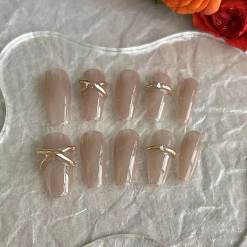 Qfdian 10 pcs Metal Handmade Press on Nails Middle Ballet Pink Bow Design False Nails Adhesive Nail  wearable Artificial Nails